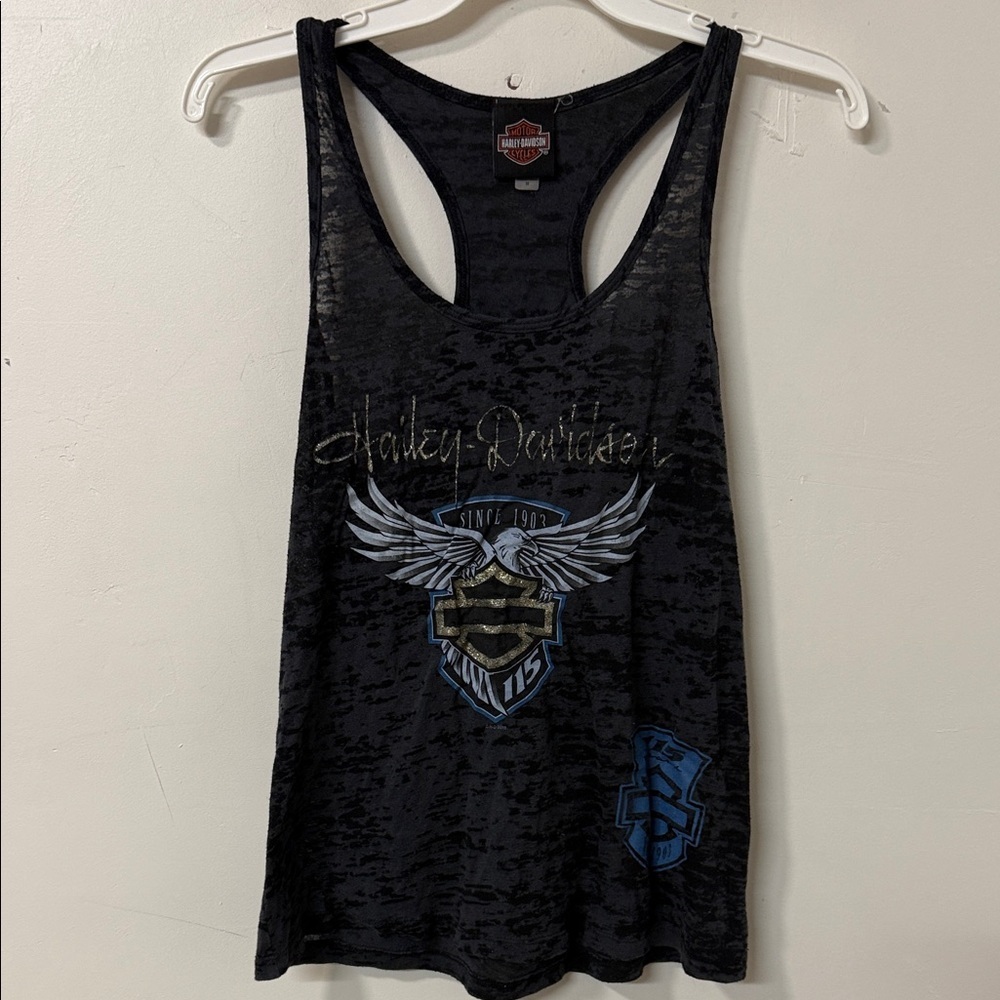 Harley-Davidson Women's Black and Blue Graphic Tank Top